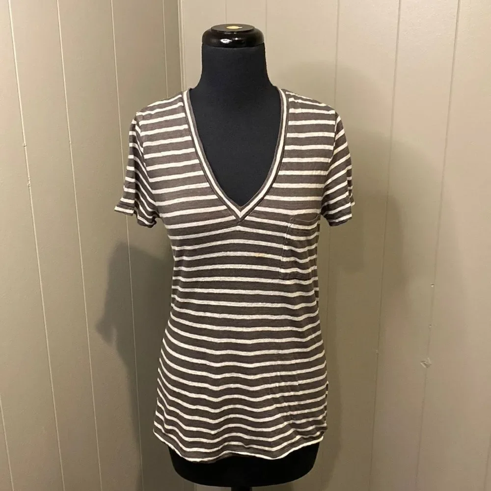 J. Crew Medium T Shirt Gray White Striped Short Sleeve V Neck 100% Linen